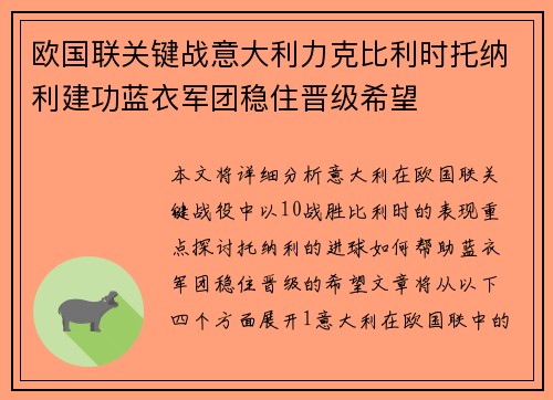 欧国联关键战意大利力克比利时托纳利建功蓝衣军团稳住晋级希望 欧国联关键战意大利力克比利时托纳利建功蓝衣军团稳住晋级希望