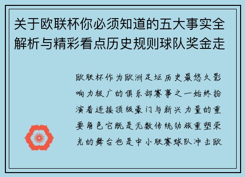 关于欧联杯你必须知道的五大事实全解析与精彩看点历史规则球队奖金走势